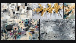Mosaico de cinco cuadros, entre ellos Abstracto Mosaico Gris y Beige y Explosión dorada sobre fondo blanco y gris