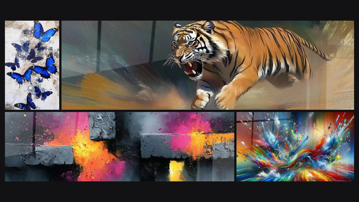 Mosaico di quattro quadri, tra cui Farfalla Volteggio Indaco, Tigre Balzo della Tempesta e Big Bang Artistico Brillante