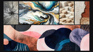 Mozaïek van vijf schilderijen, waaronder Gekleurde Stromen, Symbiose Golvend Koraal en Minimalistisch Gesculpteerd