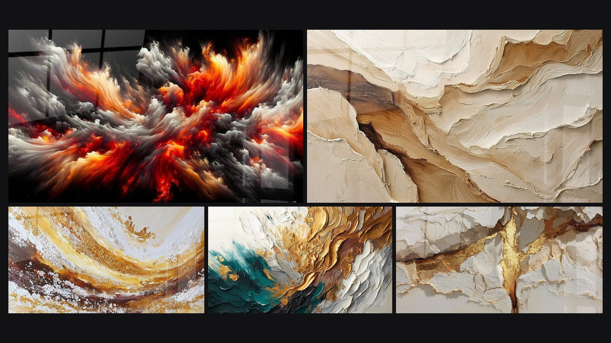 Mosaic of five paintings, including Solar Storm Abyss, Abstract Beige and Earth and Trace Artwork in Gold and Jade