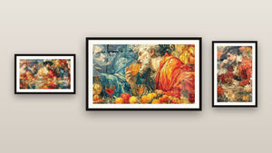 Pared de galería con tres cuadros enmarcados: Mujer Belleza Introspectiva, Filósofo Néctar Divino y Banquete Festín Opulento