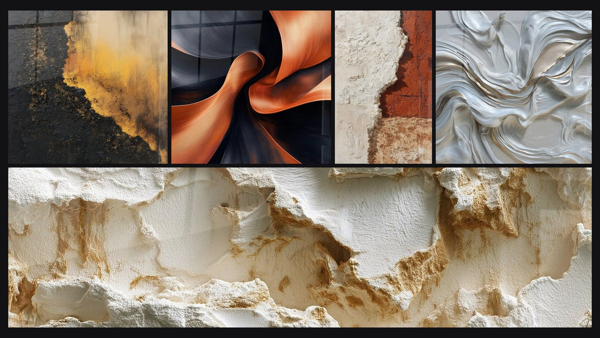 Mosaic of five paintings, including Sculptural Momentum Copper and Eroded White Texture with Sculpted Reliefs