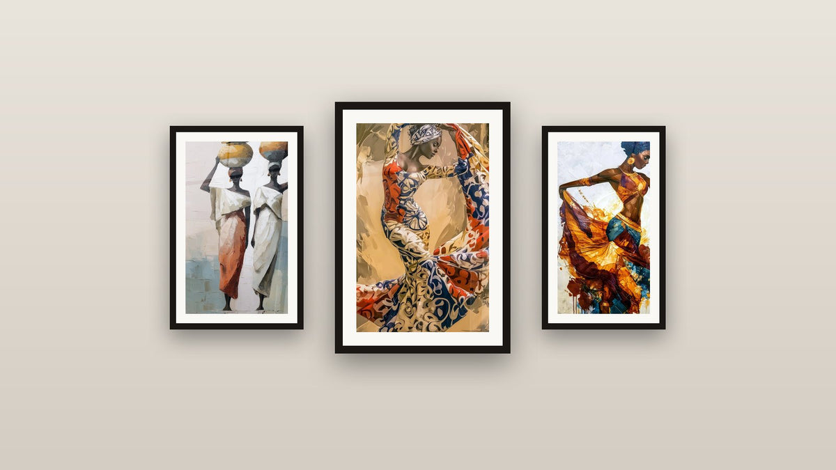 Gallery wall with three framed paintings, including Water Carrier Women