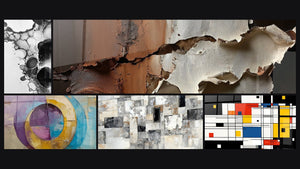 Mosaico de cinco cuadros, entre ellos Burbujas abstractas, Círculos concéntricos coloridos y Abstracto Mosaico Gris y Beige