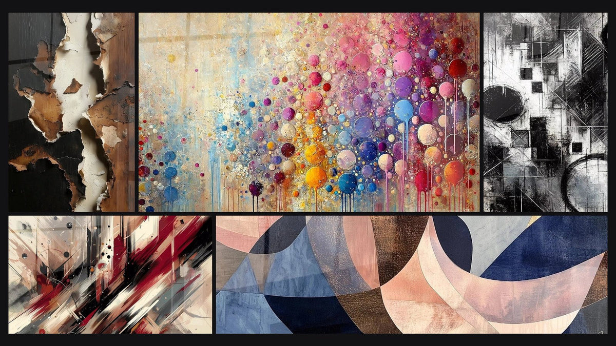 Mosaic of five paintings, including Artistic Turbulence, Mosaic Spheres and Fragments of Absolute