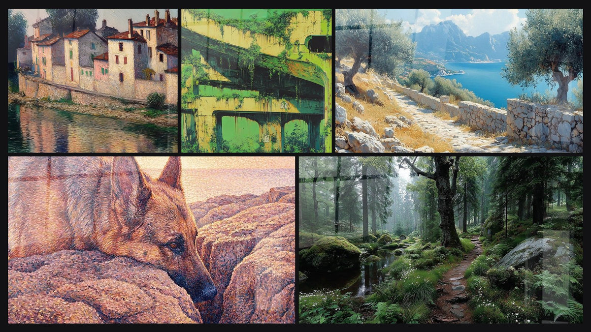Mosaico di cinque quadri, tra cui Infrastruttura Urbana, Sentiero boscoso nebbioso e Sentiero d'Ulivo