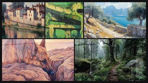 Mosaïque de cinq tableaux, dont Village au bord de l'eau, Infrastructure Urbaine et Chemin forestier brumeux