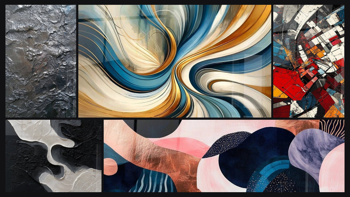 Mosaic of five paintings, including Textured Silver Metallic Abstract Relief, Elegant Spirals and Undulating Symbiosis Coral