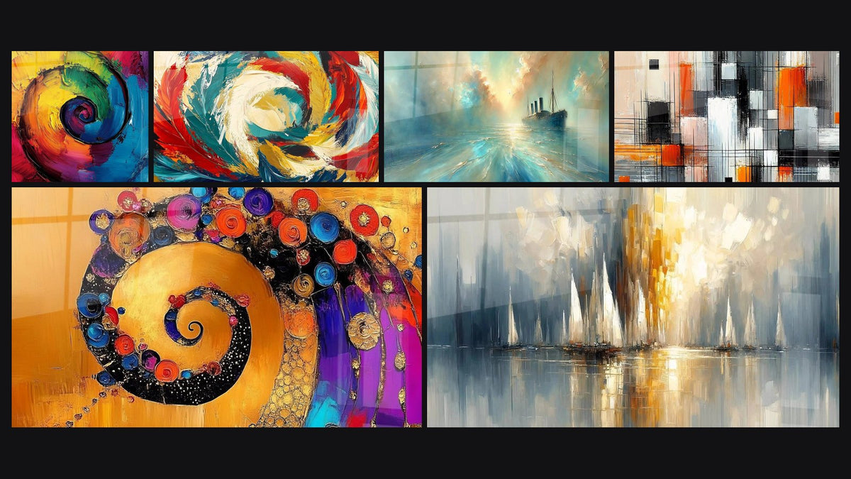 Mosaïque de six tableaux, dont Spirale multicolore, Spirale dorée colorée et Métamorphose Cosmique
