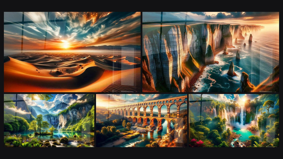 Mosaïque de cinq tableaux, dont Reflets d'Or et d'Azur sur les Dunes et Horizon Infini sur les Falaises