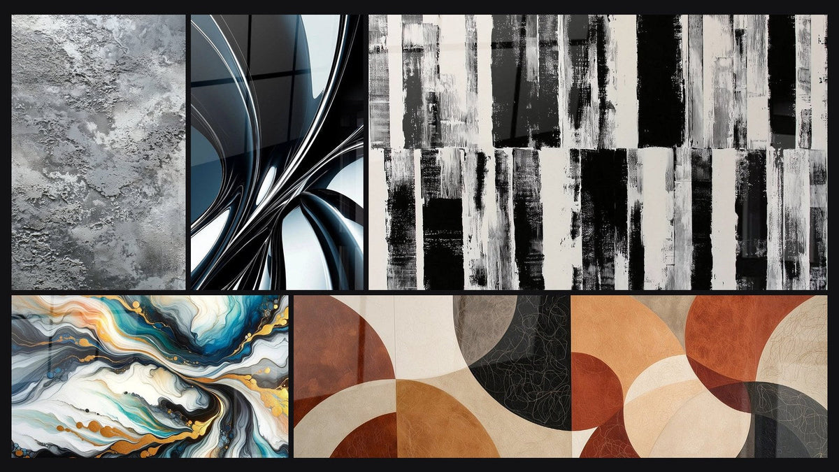 Mosaïque de cinq tableaux, dont Courants Colorés et Spirale métallique chromée