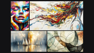 Mosaïque de quatre tableaux, dont Éclat Vintage, Aurore sur la Baie et Muse Moderne
