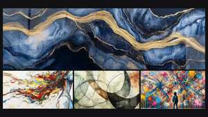 Mosaïque de quatre tableaux, dont Marbre Liquide Éternité Bleu, Muse Moderne et Les Liens Invisibles
