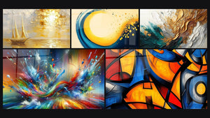 Mosaïque de cinq tableaux, dont Voilier coucher de soleil, Spirale dorée et bleue et Trace en Or et Jade
