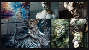 Mosaico de seis cuadros, entre ellos Dama Blanca Mística en el Lago, Hércules N°1 y Nimfa N°1