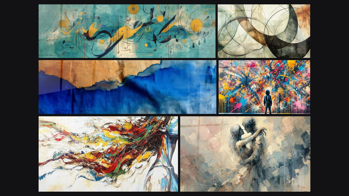 Mosaïque de six tableaux, dont Composition abstraite, Vagues bleues et bois et Muse Moderne