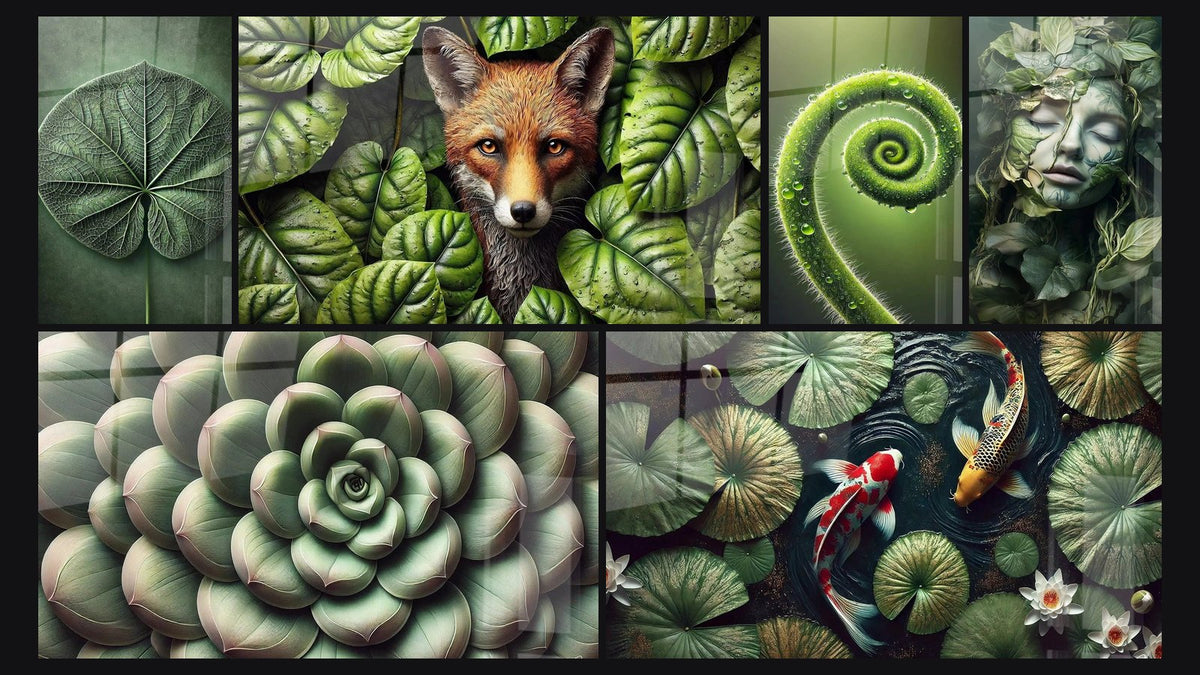 Mosaic of six paintings, including Green Symmetry, Green Geometry and Between Green and Fire