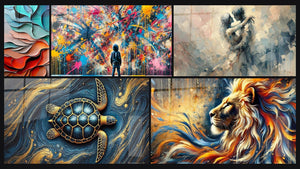 Mosaïque de cinq tableaux, dont Formes ondulantes fluides, Garde des Océans et Flamme Sauvage