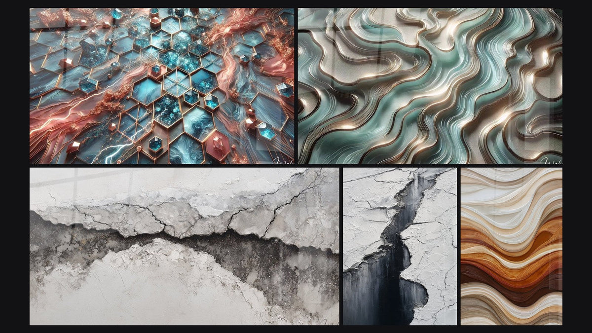 Mosaik aus fünf Gemälden, darunter Tafel Glanzpunkte-Netzwerk, Gletscherspalte Grau und Schwarz und Ätherische Kurven