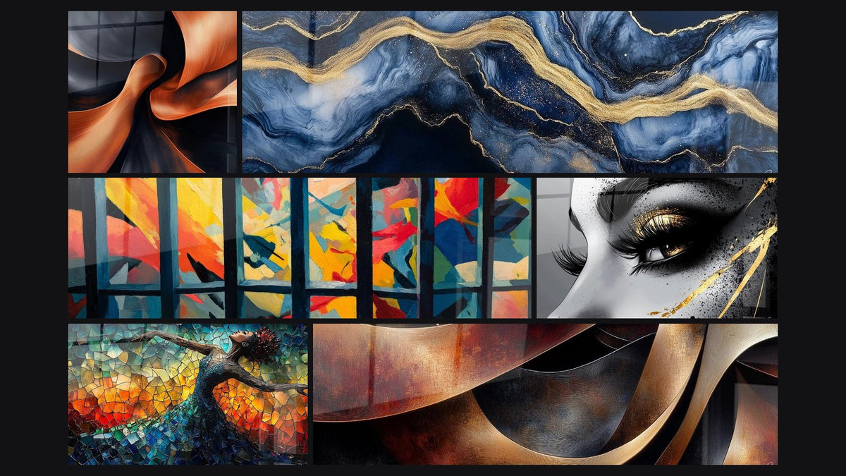 Mosaico de seis cuadros, entre ellos Impulso Escultural en Cobre, Ventana urbana colorido y Ojo Lágrima de Oro