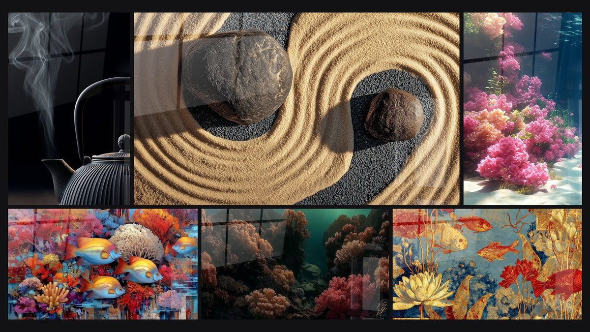 Mosaïque de six tableaux, dont Coraux colorés, Poissons tropicaux et corail et Coraux sous-marins