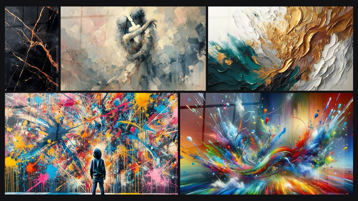 Mosaico de cinco cuadros, entre ellos Negro con Vetas Doradas y Naranja, Explosiones y Entre Nosotros