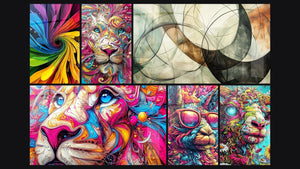 Mozaïek van zes schilderijen, waaronder Abstracte leeuw, Lama Bril en Psychedelische geitentafel