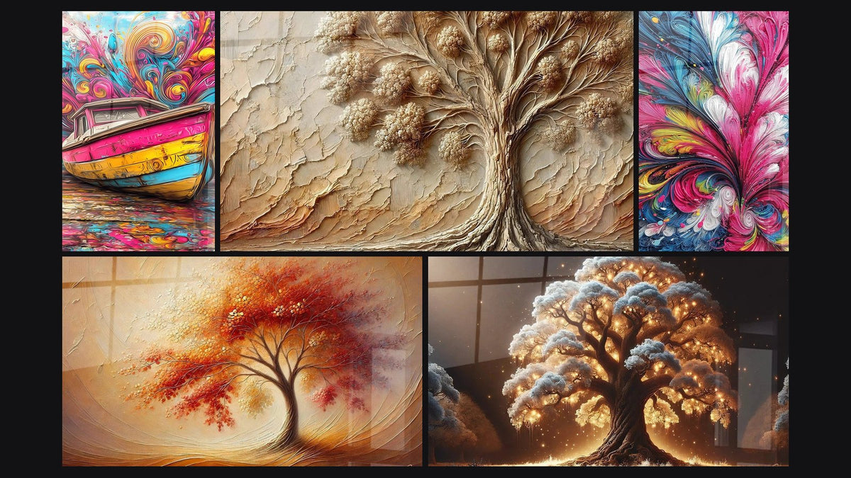 Mosaico di cinque quadri, tra cui Barca colorato, Albero di Antan e Con fiore astratto multicolore