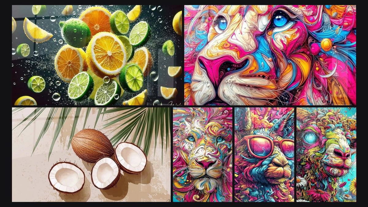 Mosaïque de six tableaux, dont Zeste et Fraîcheur, Noix de coco N°2 et Lion psychédélique