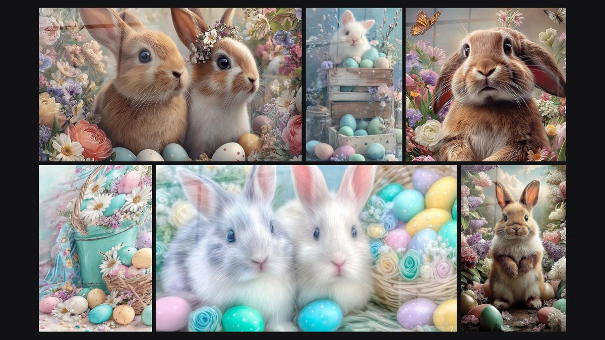 Mosaïque de six tableaux, dont Lapins Promesse de Renouveau, Œufs Tradition Familiale et Lapin Innocence aux Yeux Doux