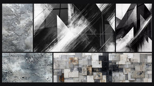 Mozaïek van vijf schilderijen, waaronder Abstract zilverkleurig grijs textuur, Convergentiepunten en Gebroken Trajecten