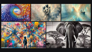 Mosaïque de cinq tableaux, dont Spirale cosmique multicolore, Éclats de Peinture et Entre Nous