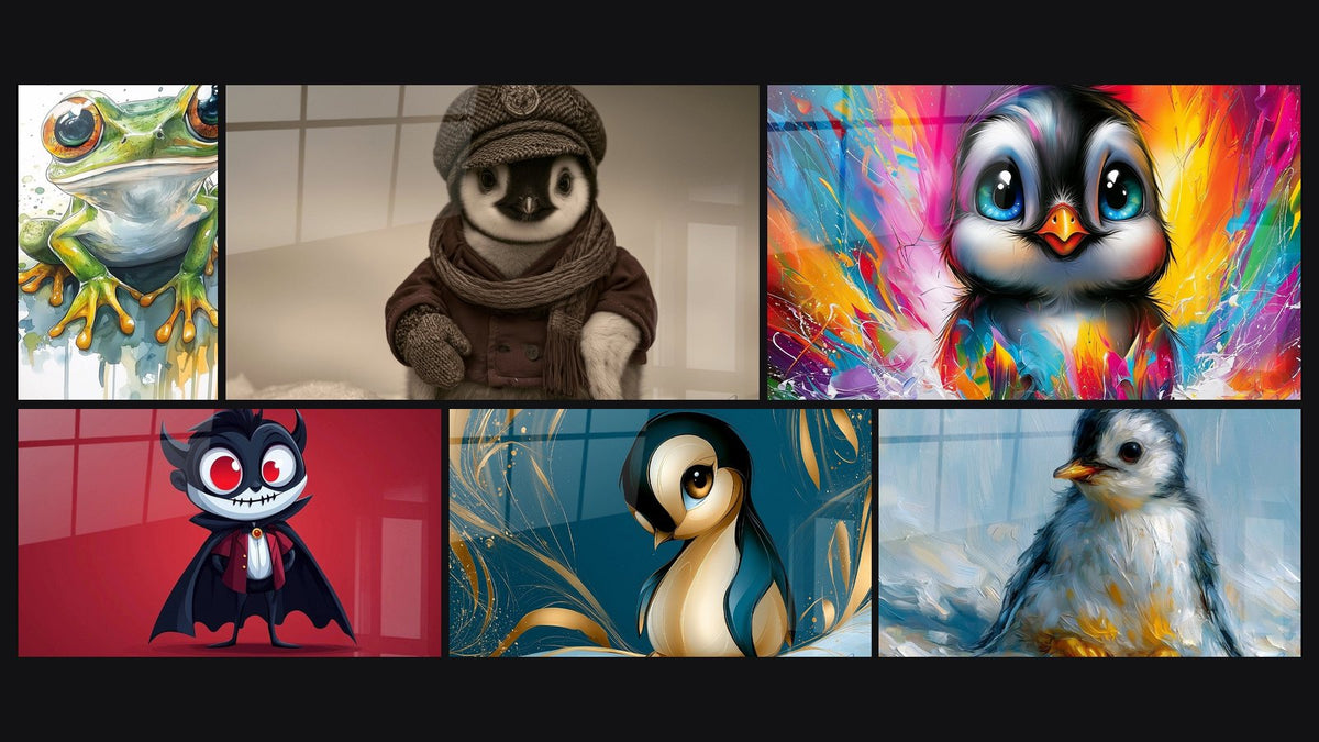Mosaïque de six tableaux, dont Enfants N°10, Vampire N°2 et Bébé pingouin aux yeux bleus éclatants