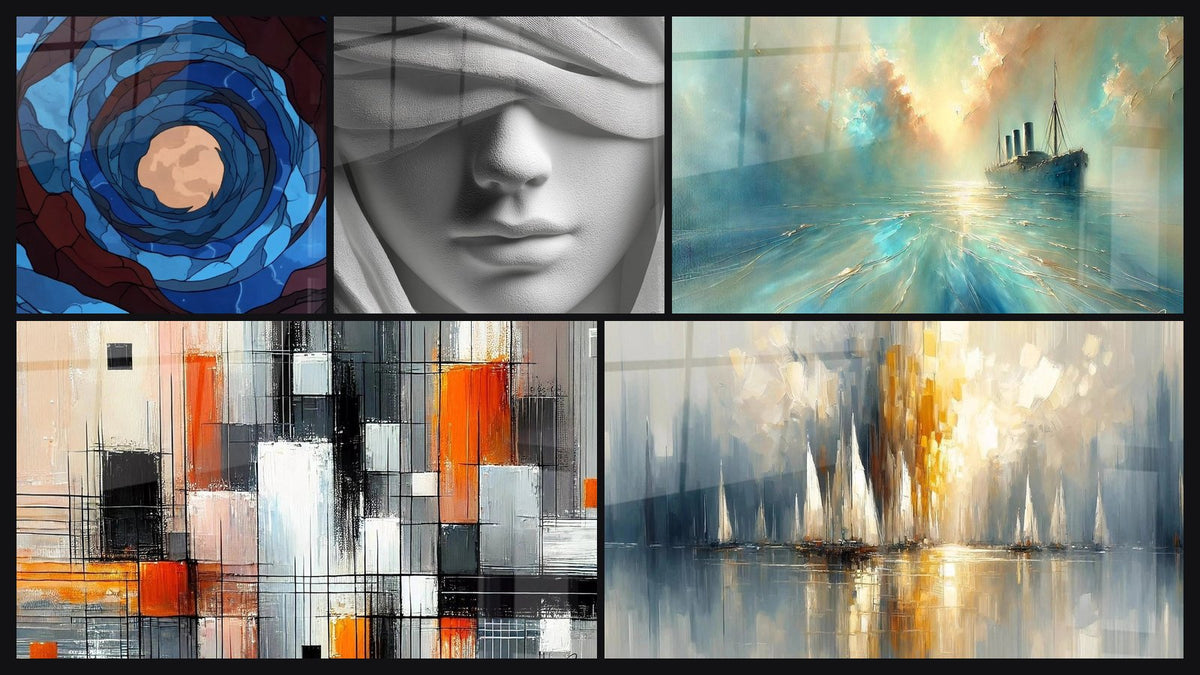 Mosaic of five paintings, including Blue Cosmic Spiral, Veiled Woman and Heart of the Breeze