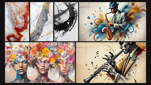 Mosaïque de six tableaux, dont Les Muses Fleuries, La Brisure du Temps et Jazz N°2