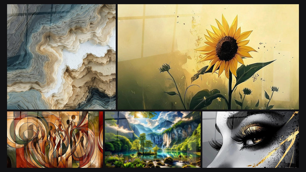 Mosaic of five paintings, including Silhouettes Dance, Green Eden Waterfall and Sunflower Wall Art No. 5