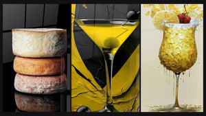 Mosaico de tres cuadros, entre ellos Queso N°5 y Vidrio Dorado con Cerezas Rojas Explotadas
