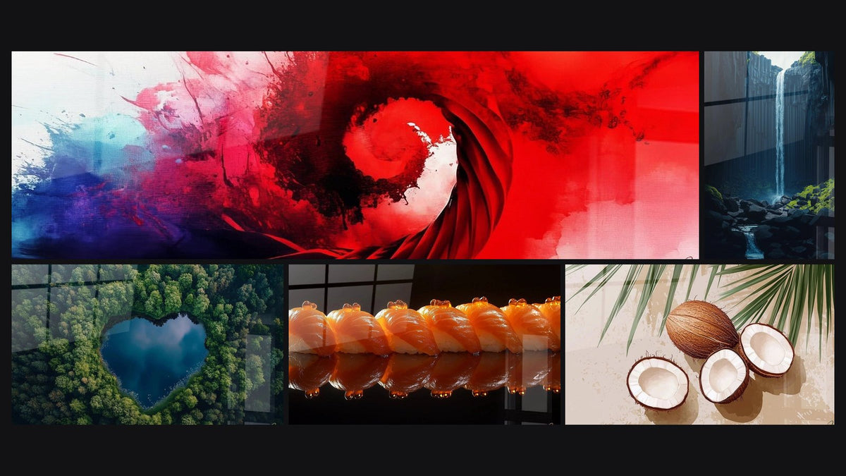 Mosaic of five paintings, including Energetic Red and Blue Spiral, Sushi Wall Art No. 2 and Coconut Wall Art N°2