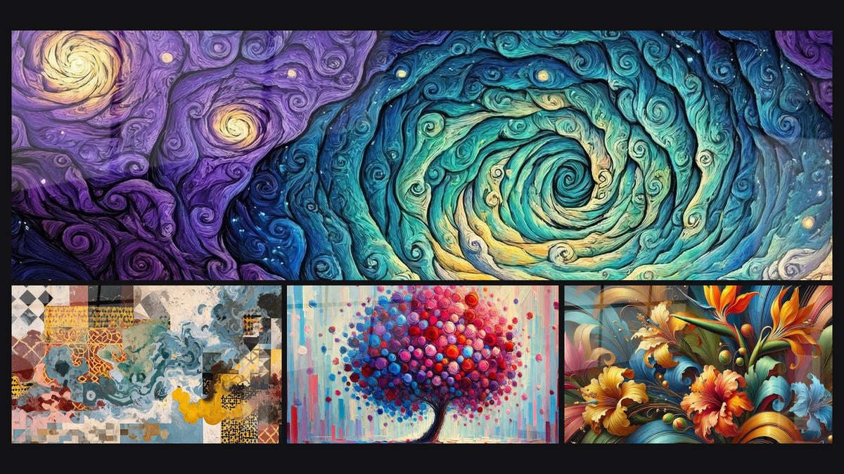 Mosaik aus vier Gemälden, darunter Abstrakte geometrische Komposition, Baum der Freude und Botanische Rhapsodie