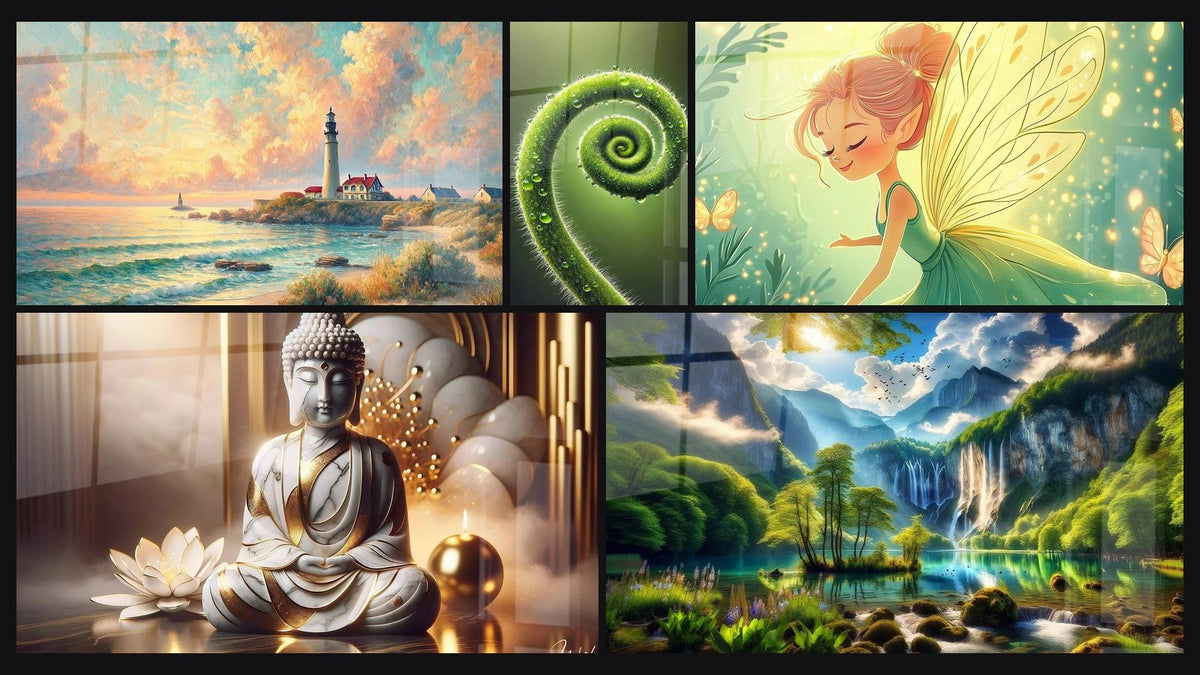 Mosaïque de cinq tableaux, dont Aube sur le Phare, Spirale de Vie et Paix Marbrée