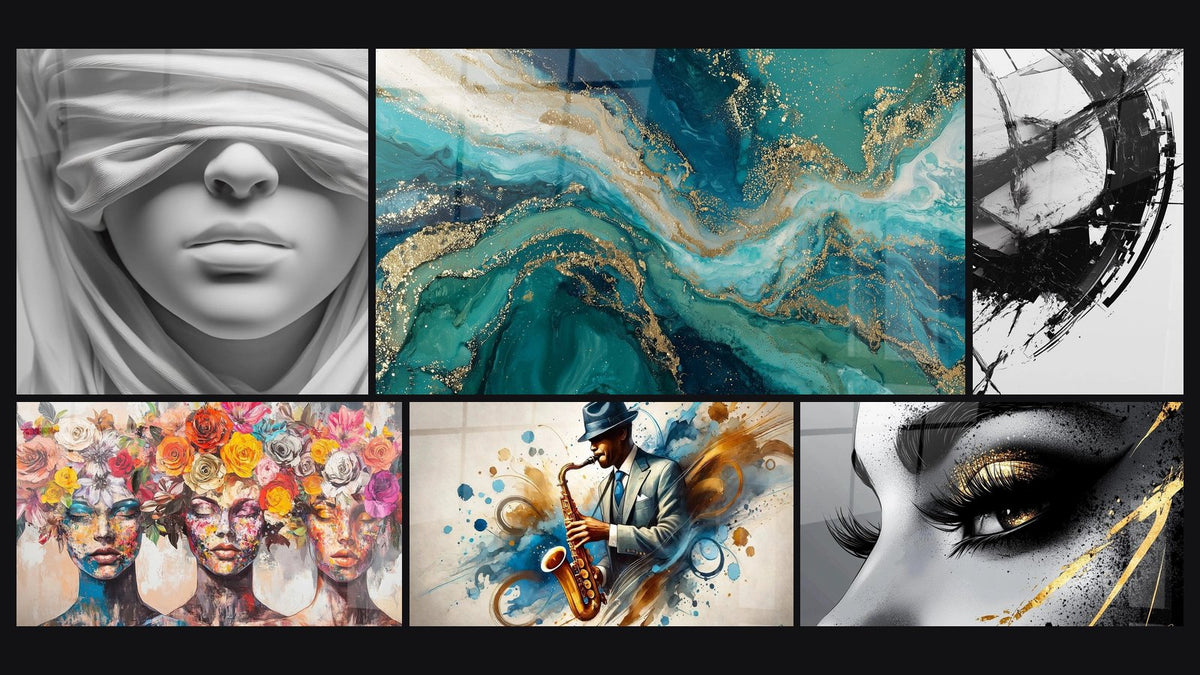 Mosaic of six paintings, including Veiled Feminine Face, The Blooming Muses and The Break in Time