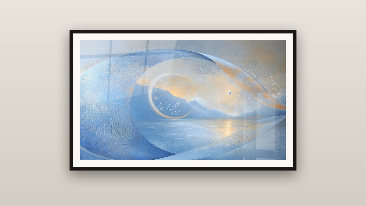 Tableau encadré sur un mur : Onde cosmique bleue