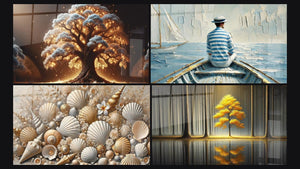 Mozaïek van vier schilderijen, waaronder Nachtboom, De Kunst van Water en Zandschatten