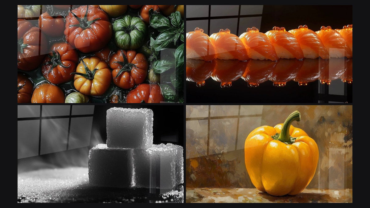 Mozaïek van vier schilderijen, waaronder Tomatentafel nr. 1, Sushitafel nr. 2 en Suikertafel nr. 1
