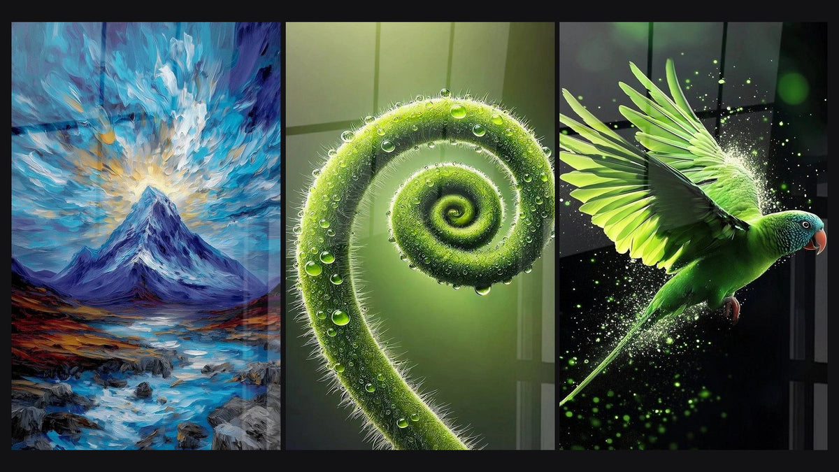 Mosaico di tre quadri, tra cui Spirale della Vita e Pappagallo N°2
