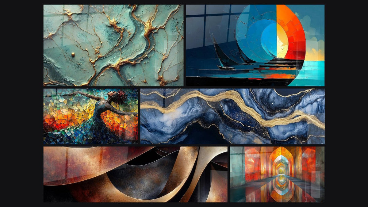 Mosaico di sei quadri, tra cui Fiumi d'Oro, A forma di barca a vela al tramonto e Danza Fuoco Liberatrice Rosso