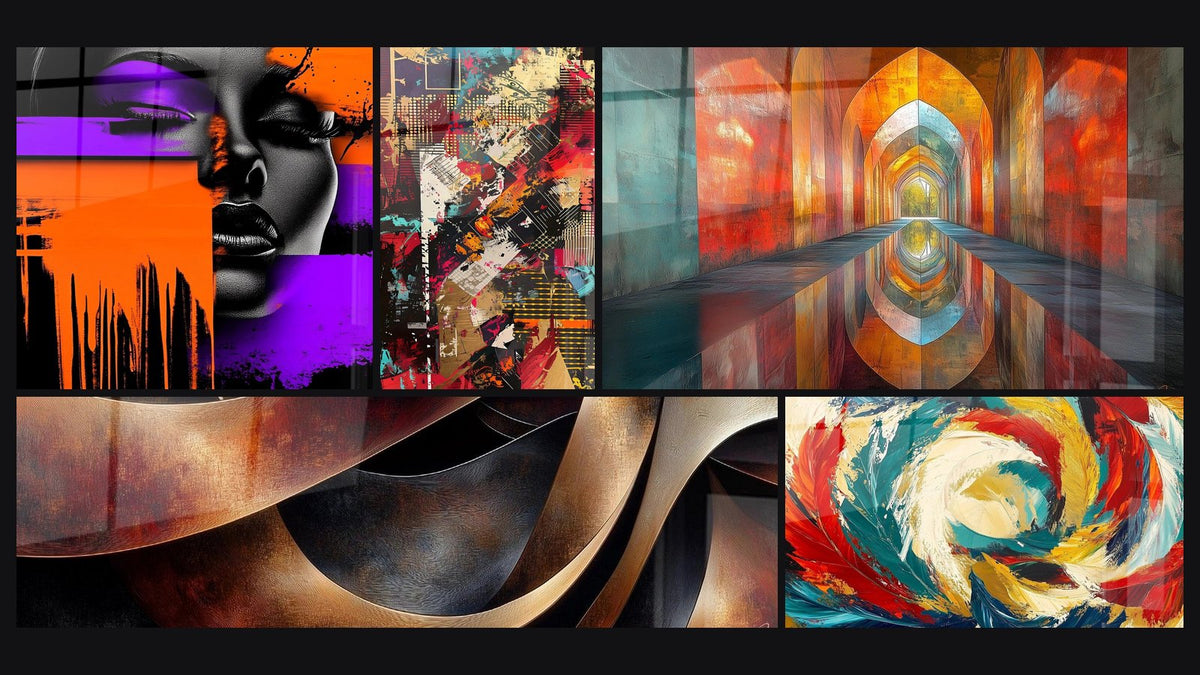 Mosaic of five paintings, including Colorful Modern Woman, Urban collage and Sinuosities Meditation Ochre