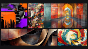 Mosaico de cinco cuadros, entre ellos Mujer moderno y colorido, Collage urbano y Sinuosidades Meditación Ocre