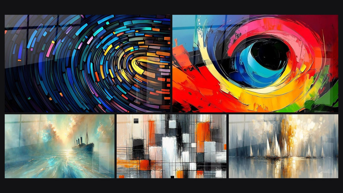 Mosaico di cinque quadri, tra cui Tunnel colorato digitale, Occhio colorato astratto e Nel Cuore della Brezza