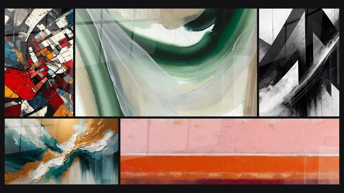 Mosaic of five paintings, including Architectural Revolution Modern, Emerald Silk and Fractured Trajectories